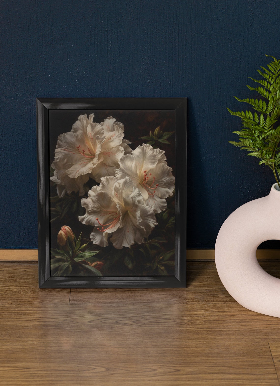 White Azalea Blossoms With Pink Stamens Dark Botanical Art Poster
