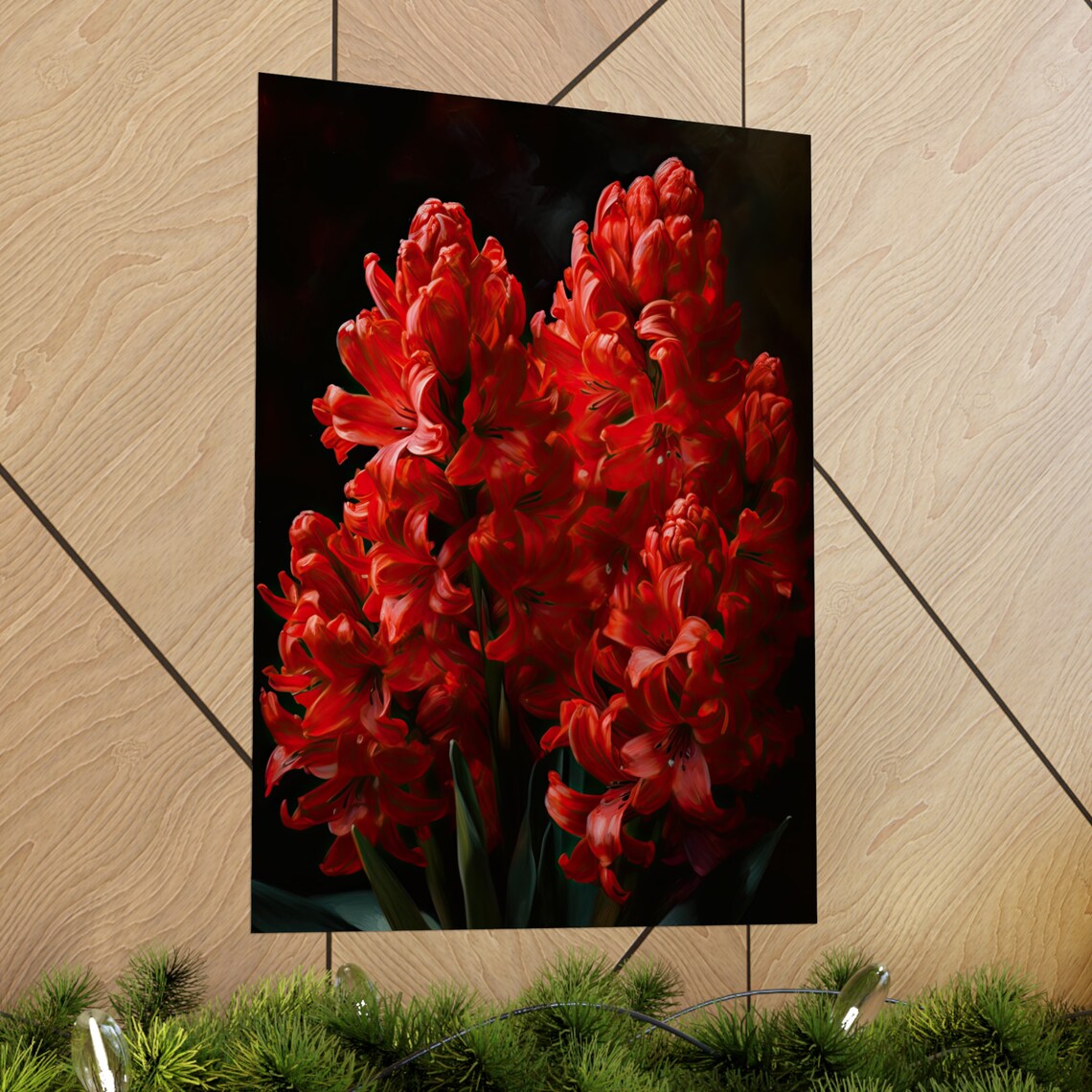 Scarlet Red Hyacinth Flower Spikes Dark Moody Botanical Art Poster - Image 2