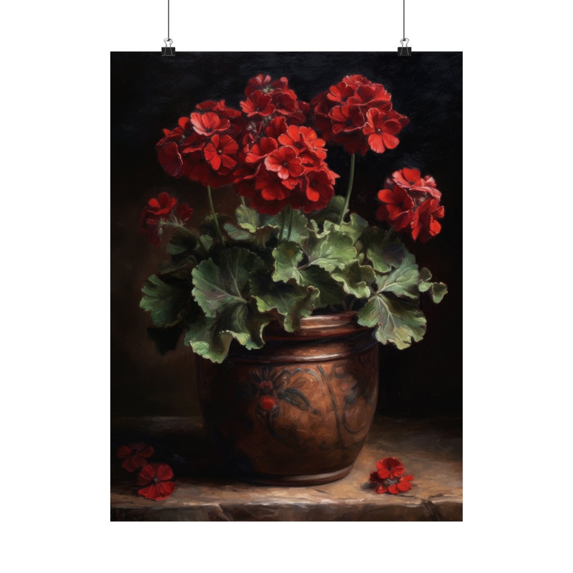 Red Geranium Pot Rustic Copper Planter Dark Still Life Flower Poster - Image 5
