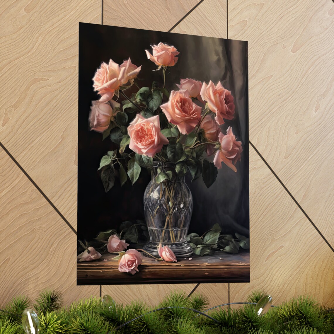 Blush Pink Roses Elegant Blooms Cut Glass Vase Still Life Art Poster - Image 2