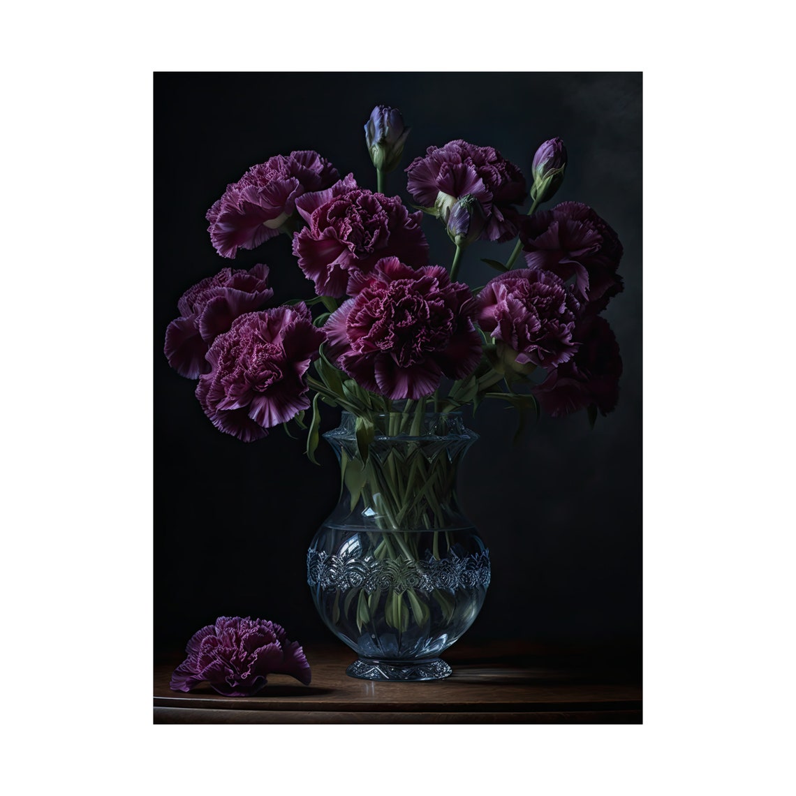Purple Carnation Bouquet Crystal Vase Dark Moody Flower Art Poster - Image 4
