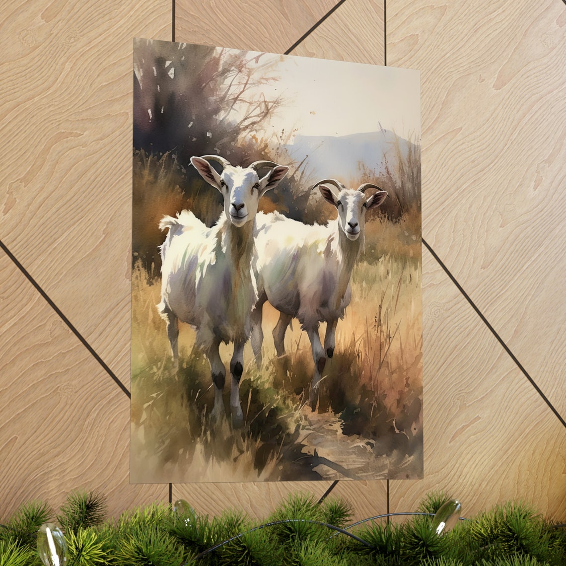 Two White Goats Watercolor Golden Field Farm Animal Painting Wall Art - Image 2