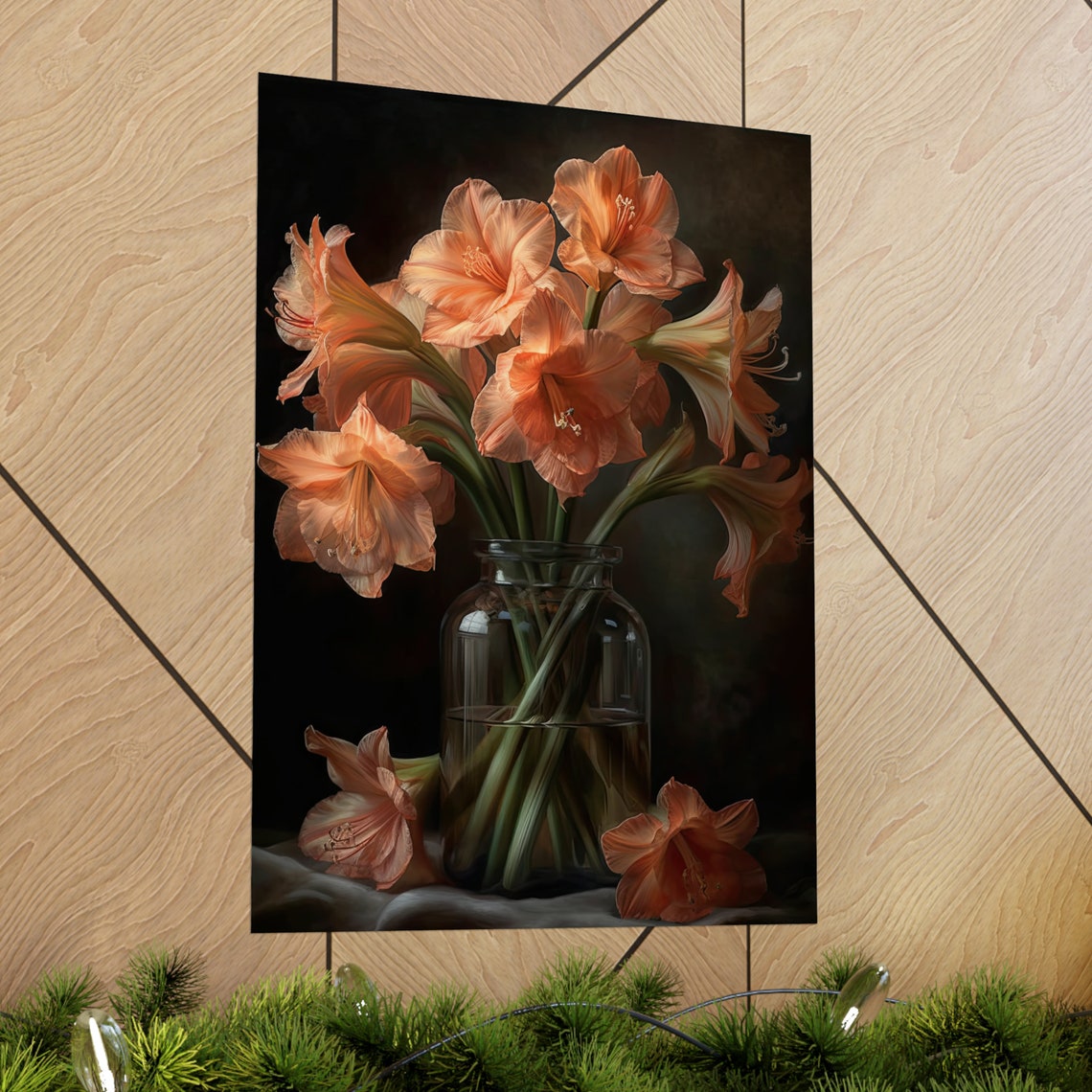 Apricot Amaryllis Blooms Glass Vase Dark Floral Still Life Art Print - Image 2