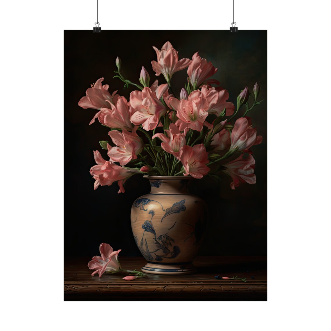 Pink Freesia Still Life Flower Vase Dark Moody Botanical Art Print - Image 5