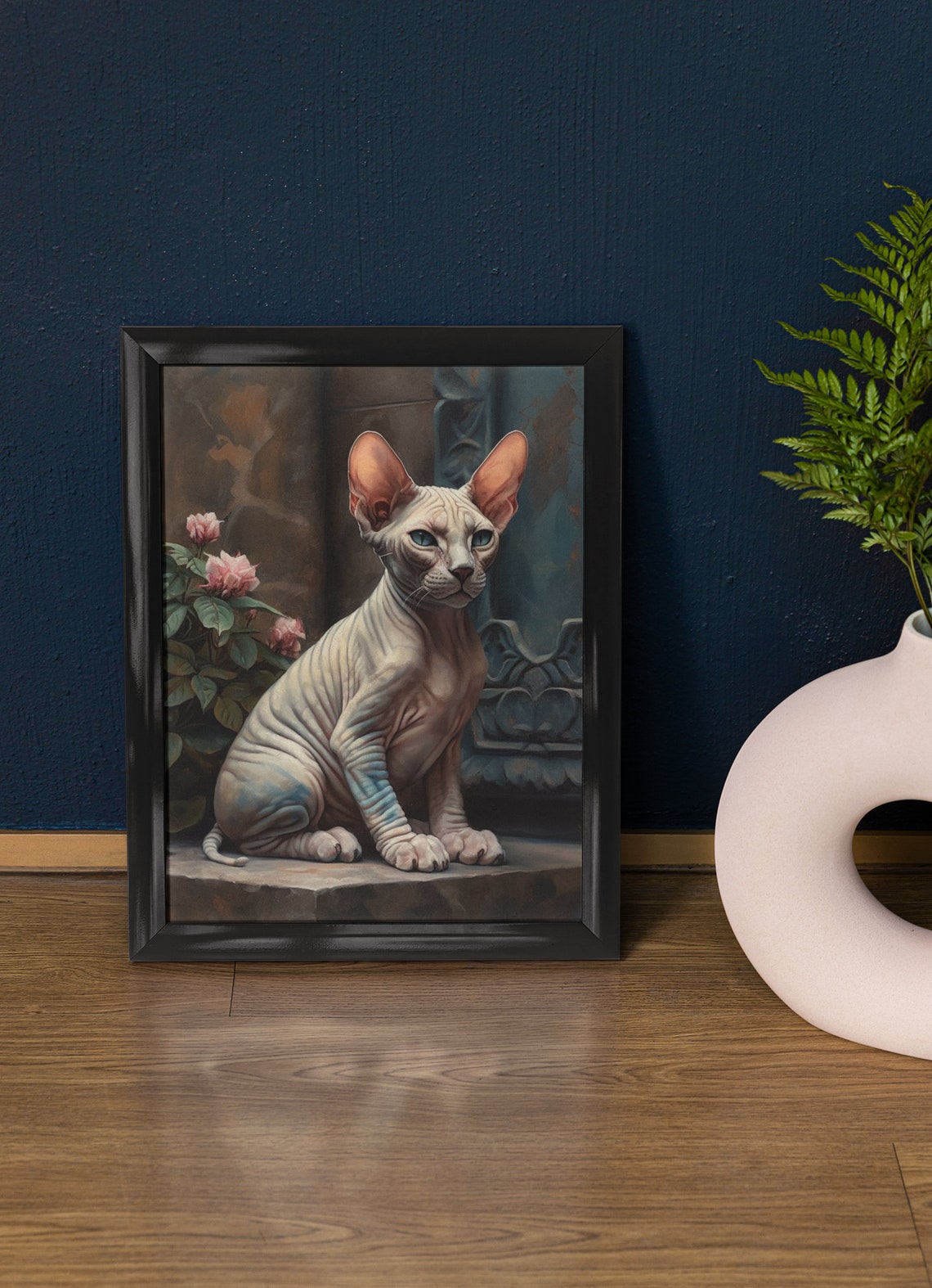 Sphynx Cat Portrait Pink Roses Classical Column Hairless Cat Art Print