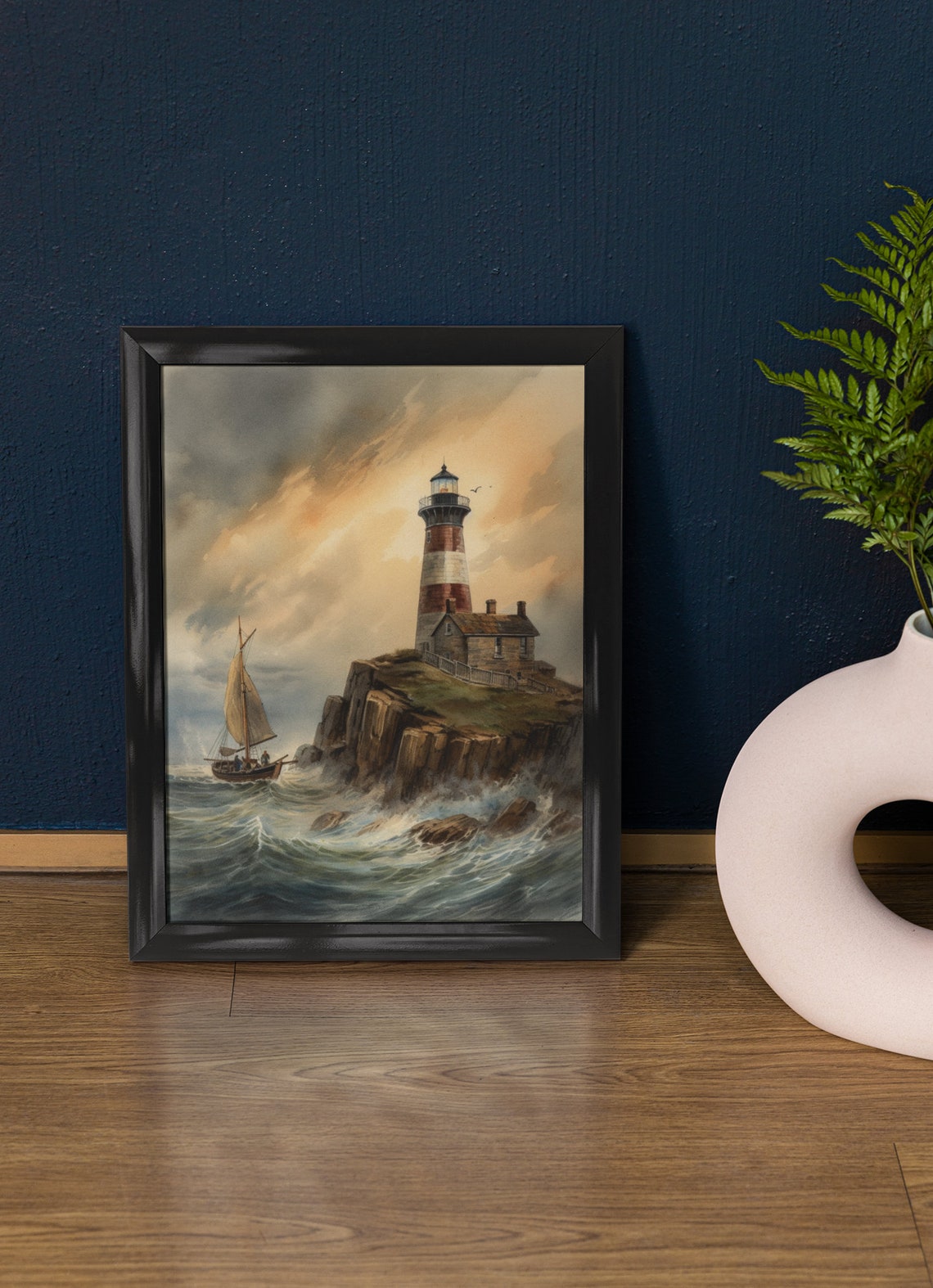 Striped Lighthouse Rocky Cliff Sunset Sailboat Watercolor Wall Art