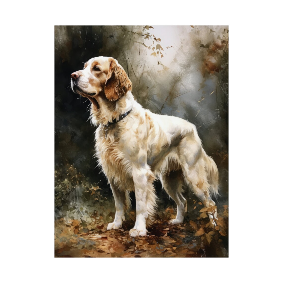 Clumber Spaniel Standing in Autumn Woods Watercolor Dog Art Print - Image 4