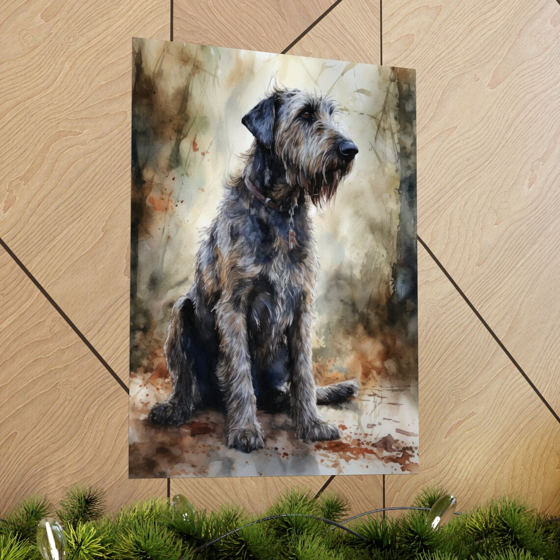 Irish Wolfhound Shaggy Dark Coat Woodland Watercolor Portrait Poster - Image 2