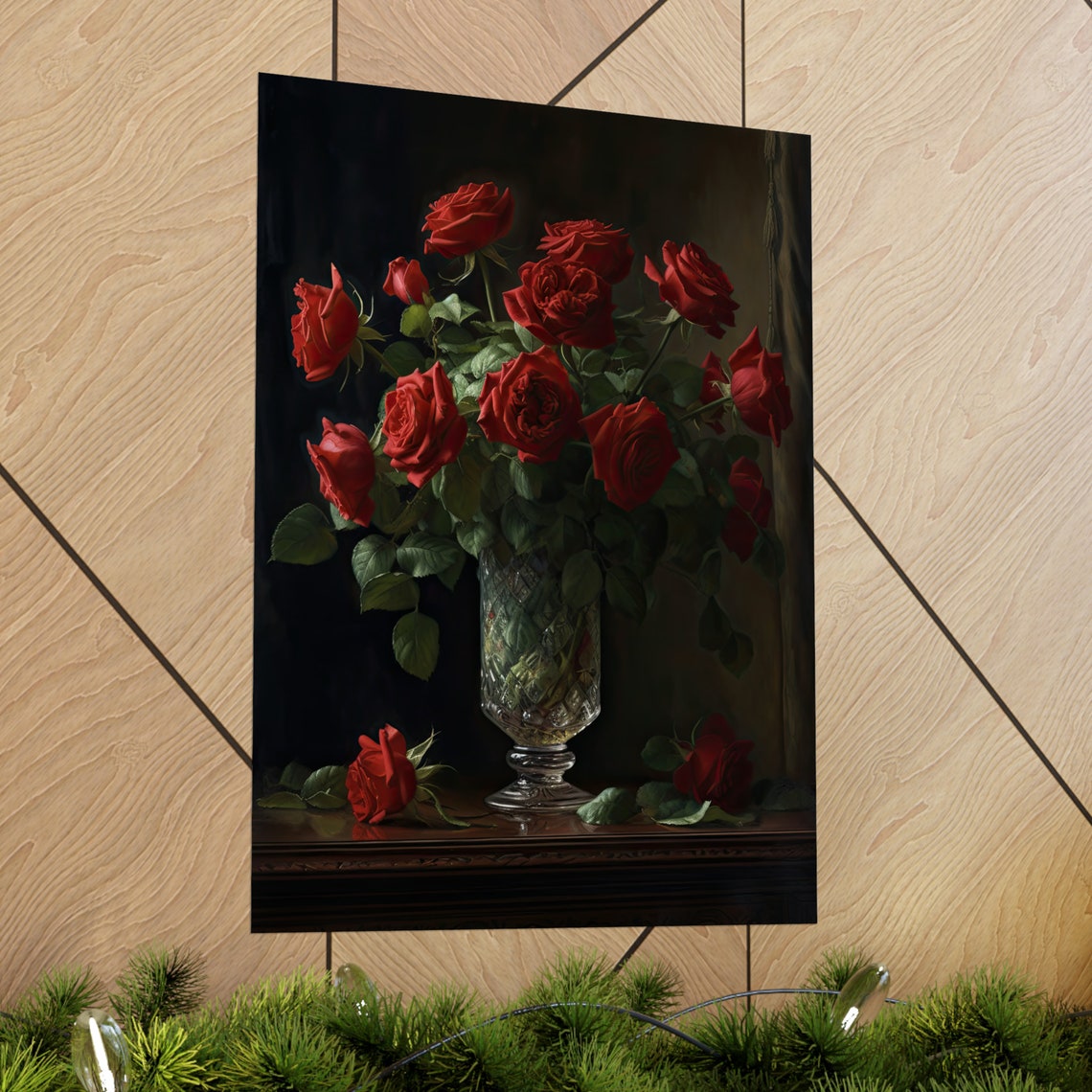 Red Roses Cut Crystal Vase Dramatic Dark Romantic Floral Poster - Image 2