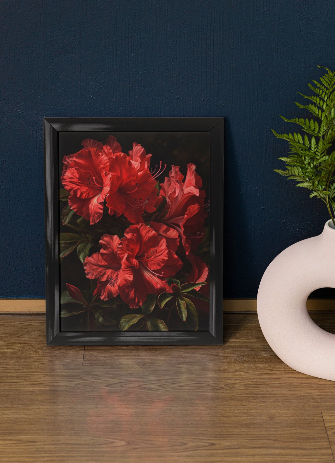 Deep Red Azalea Blossoms Dark Moody Botanical Oil Painting Art Poster