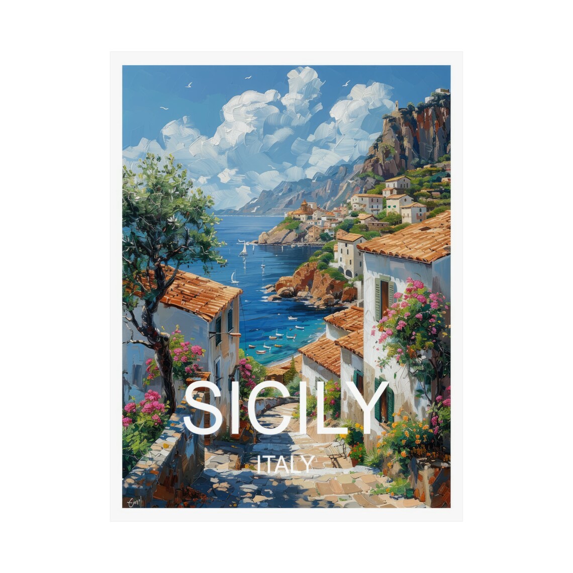 Sicily Italy Coastal Cliff Town Stone Lane Blue Sea View Travel Poster - Image 3