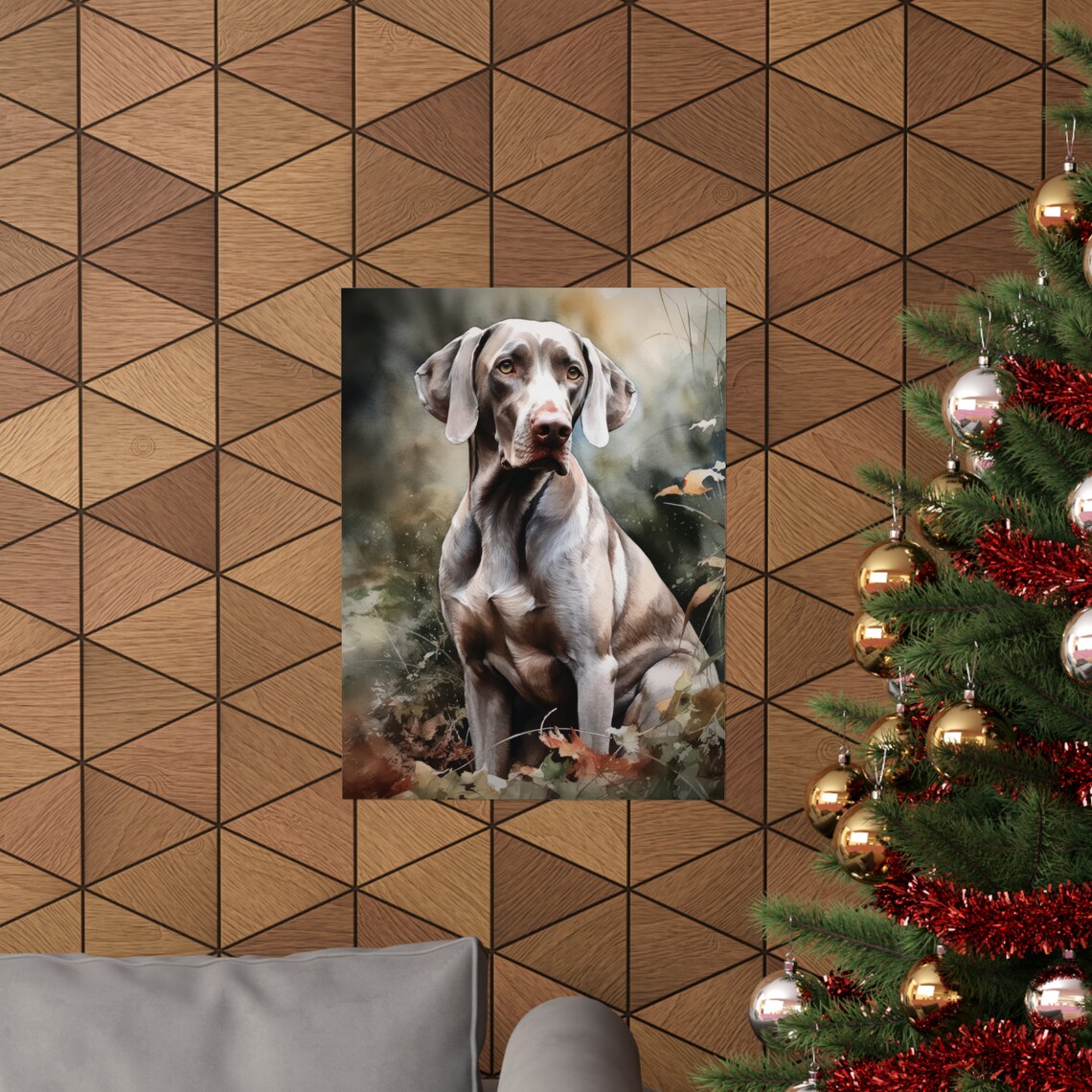 Weimaraner Dog Sitting Among Autumn Leaves Watercolor Art Print - Image 3