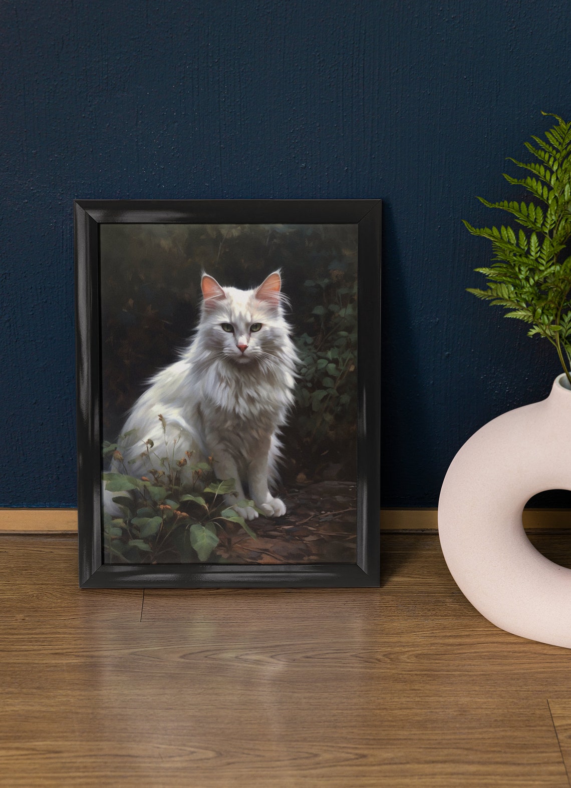 Turkish Angora White Long Haired Cat Green Eyes Garden Art Poster