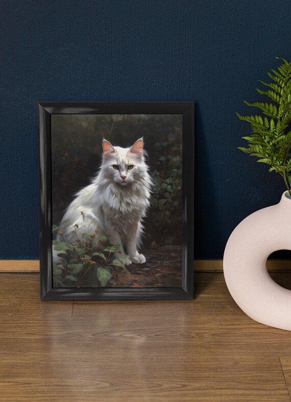 Turkish Angora White Long Haired Cat Green Eyes Garden Art Poster