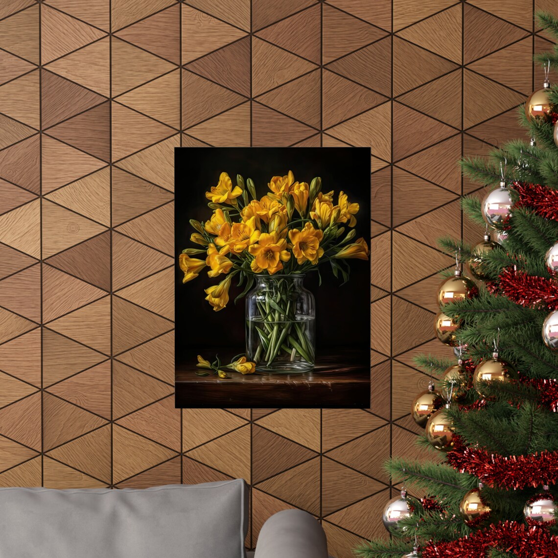 Sunny Yellow Freesia Bouquet Glass Vase Dark Moody Still Life Poster - Image 3
