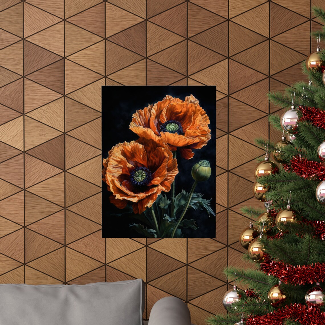 Oriental Poppy Flowers Vivid Orange Dark Dramatic Botanical Art Print - Image 3