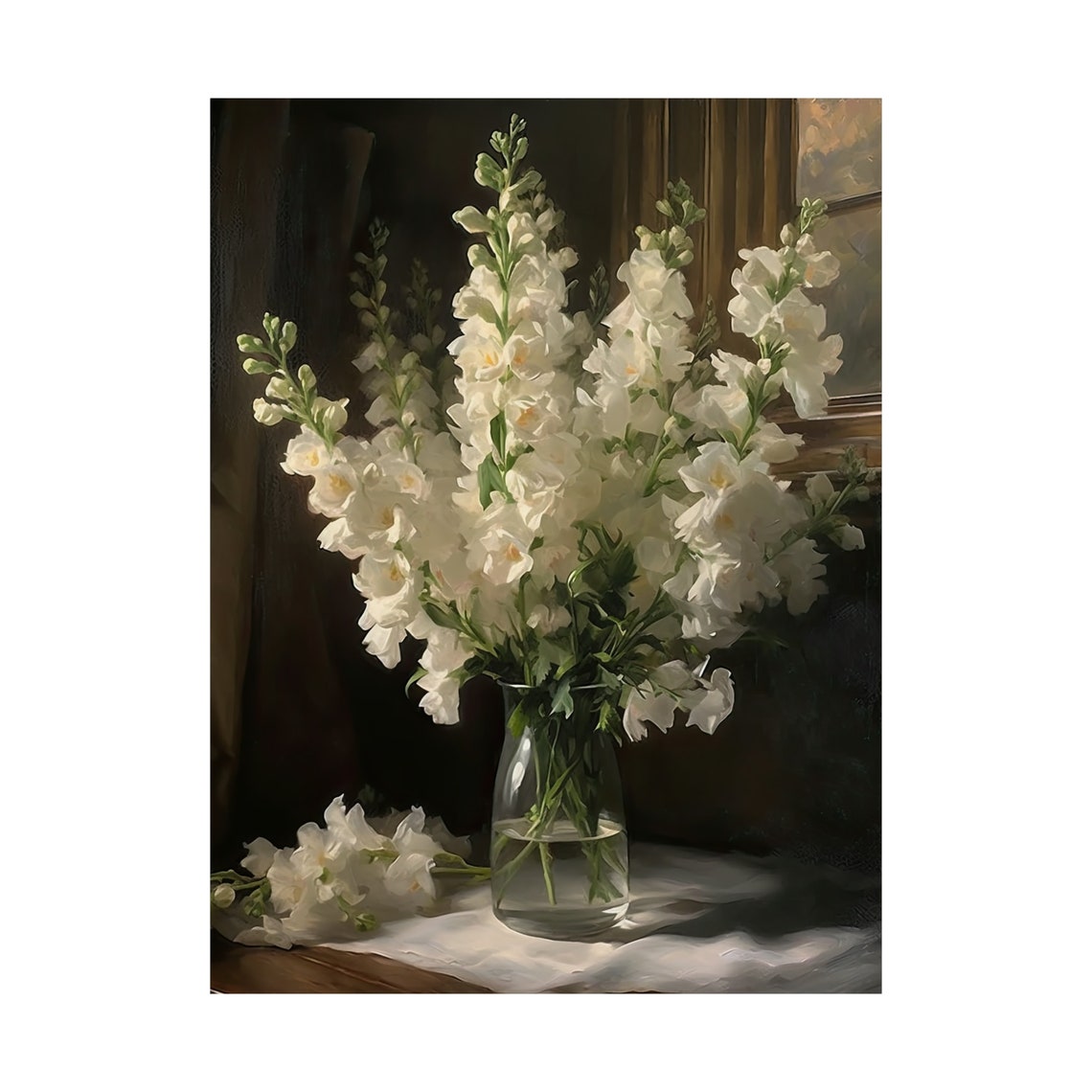 White Snapdragons Glass Vase Dark Still Life Floral Wall Art - Image 4