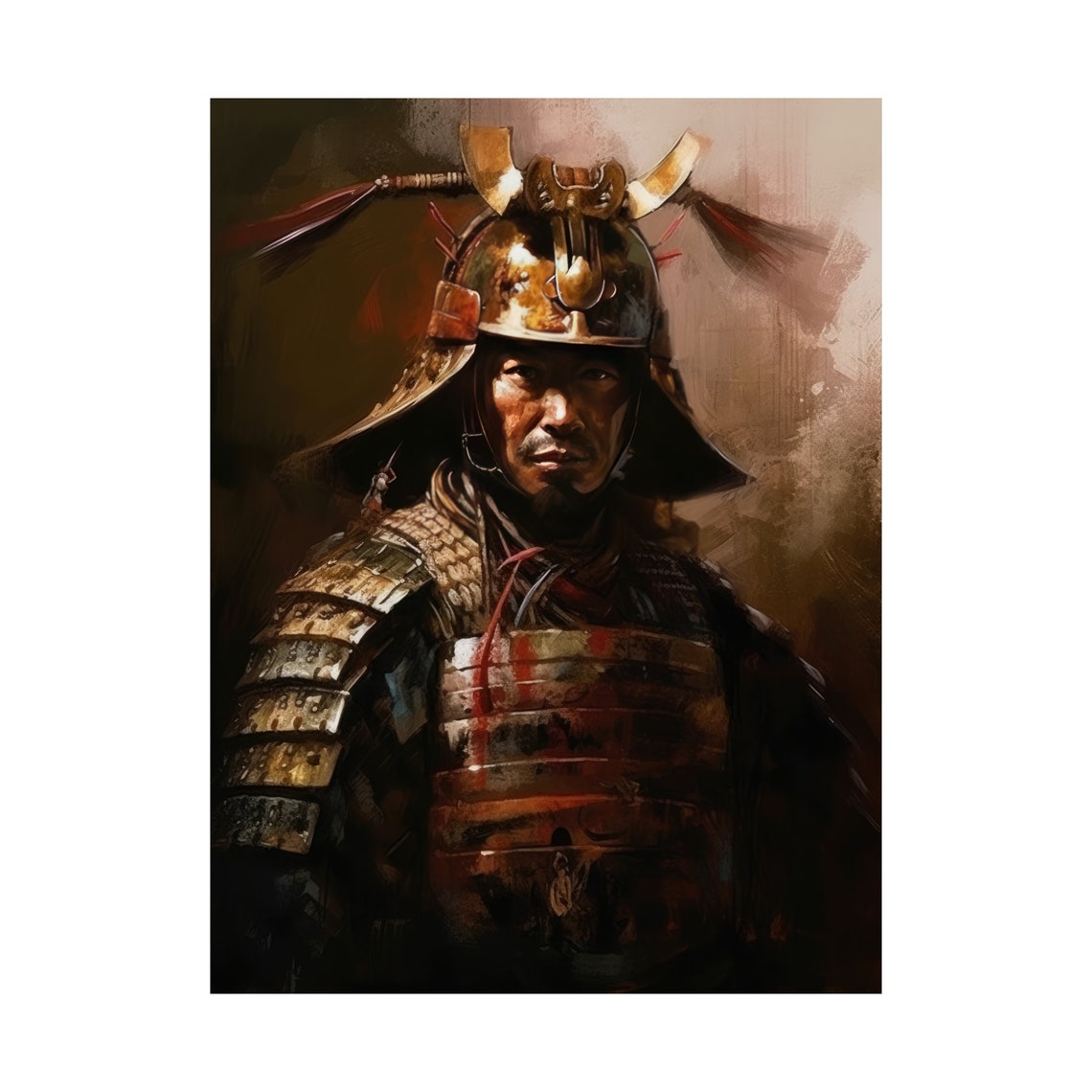 Samurai General in Horned Kabuto Helmet Dark Dramatic Art Print - Image 4