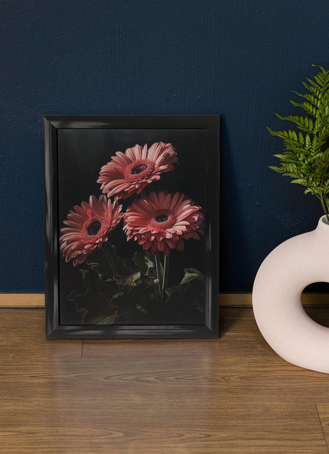 Pink Gerbera Daisies Dark Moody Elegant Floral Oil Painting Wall Art