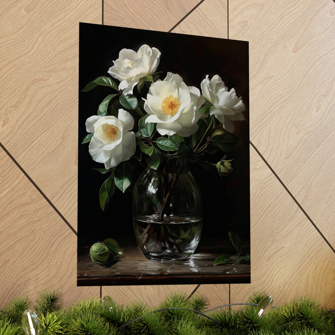 White Camellia Blossoms Glass Vase Dark Botanical Fine Art Poster - Image 2