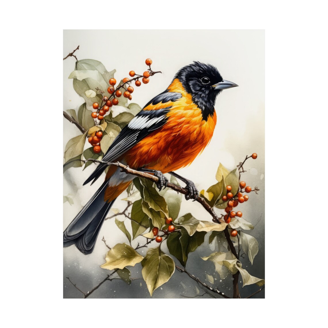 Baltimore Oriole Berry Branch Watercolor Songbird Bird Art Print - Image 4