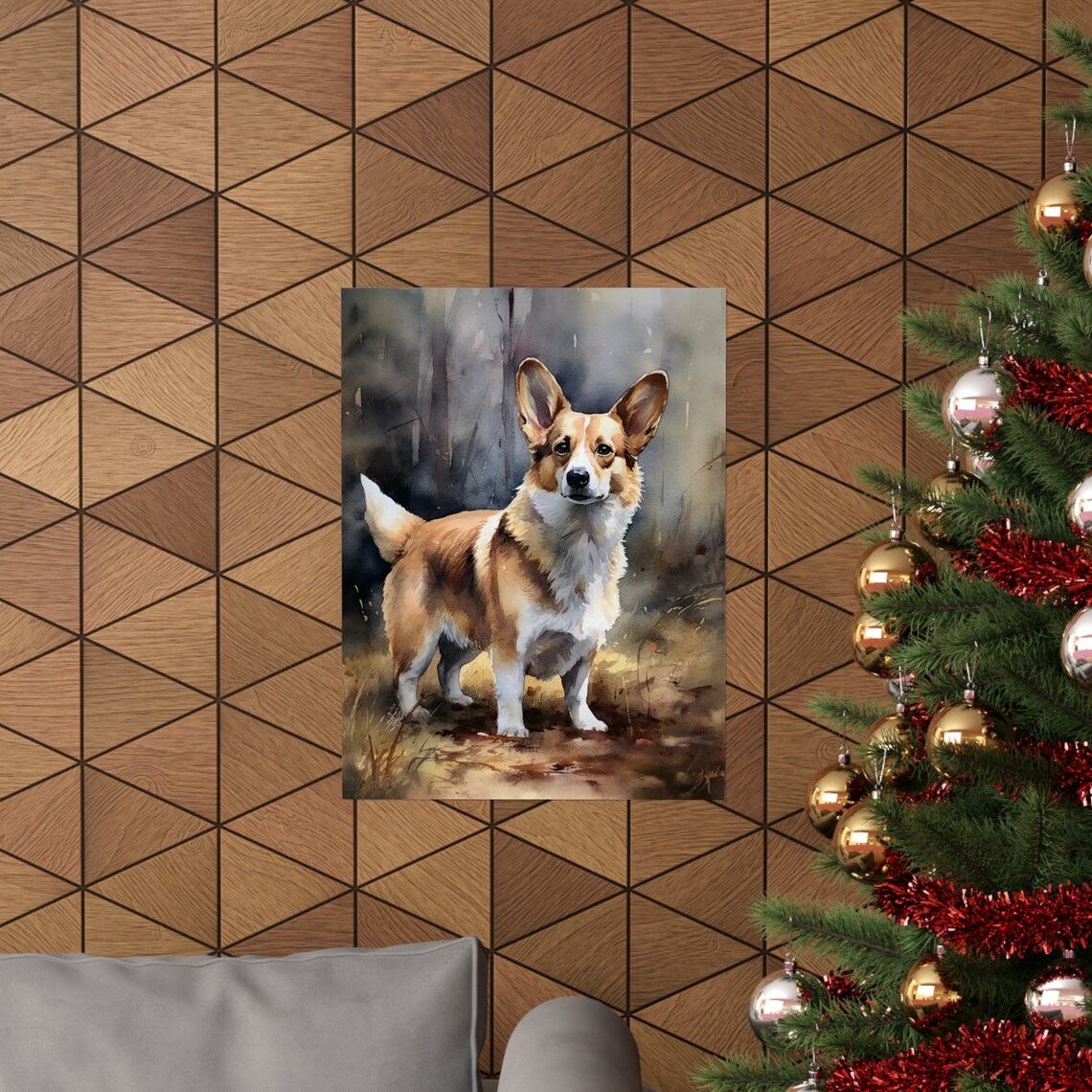 Cardigan Welsh Corgi Autumn Field Watercolor Portrait Standing Poster - Image 3