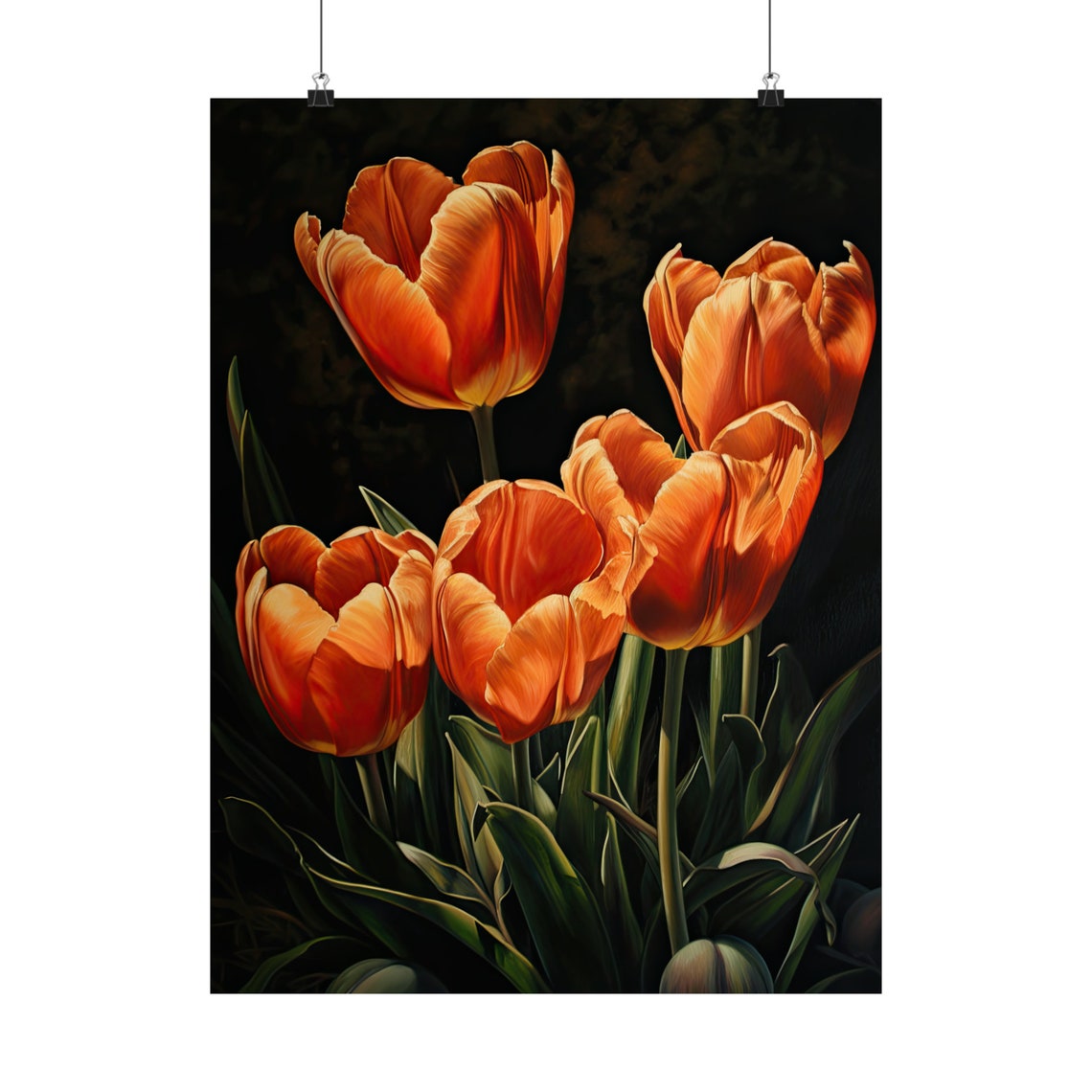 Glowing Orange Tulips Bloom Cluster Dark Floral Wall Art Print - Image 5