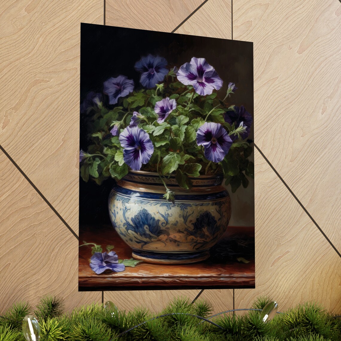 Violet Petunias Porcelain Pot Dark Moody Floral Still Life Poster - Image 2
