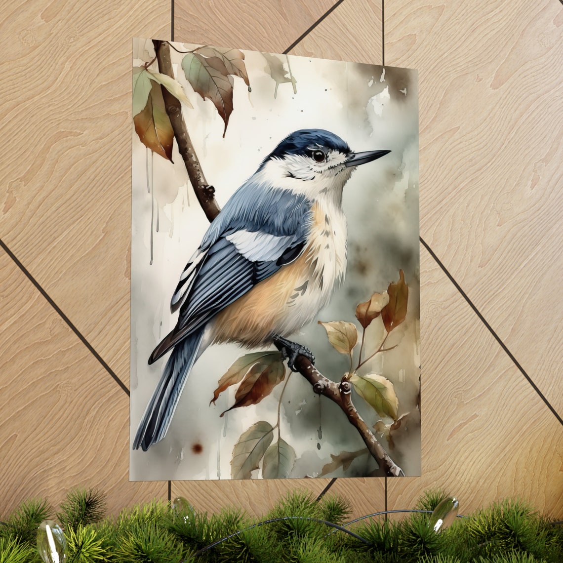 White Breasted Nuthatch Bird Watercolor Autumn Branch Fine Art Poster - Image 2