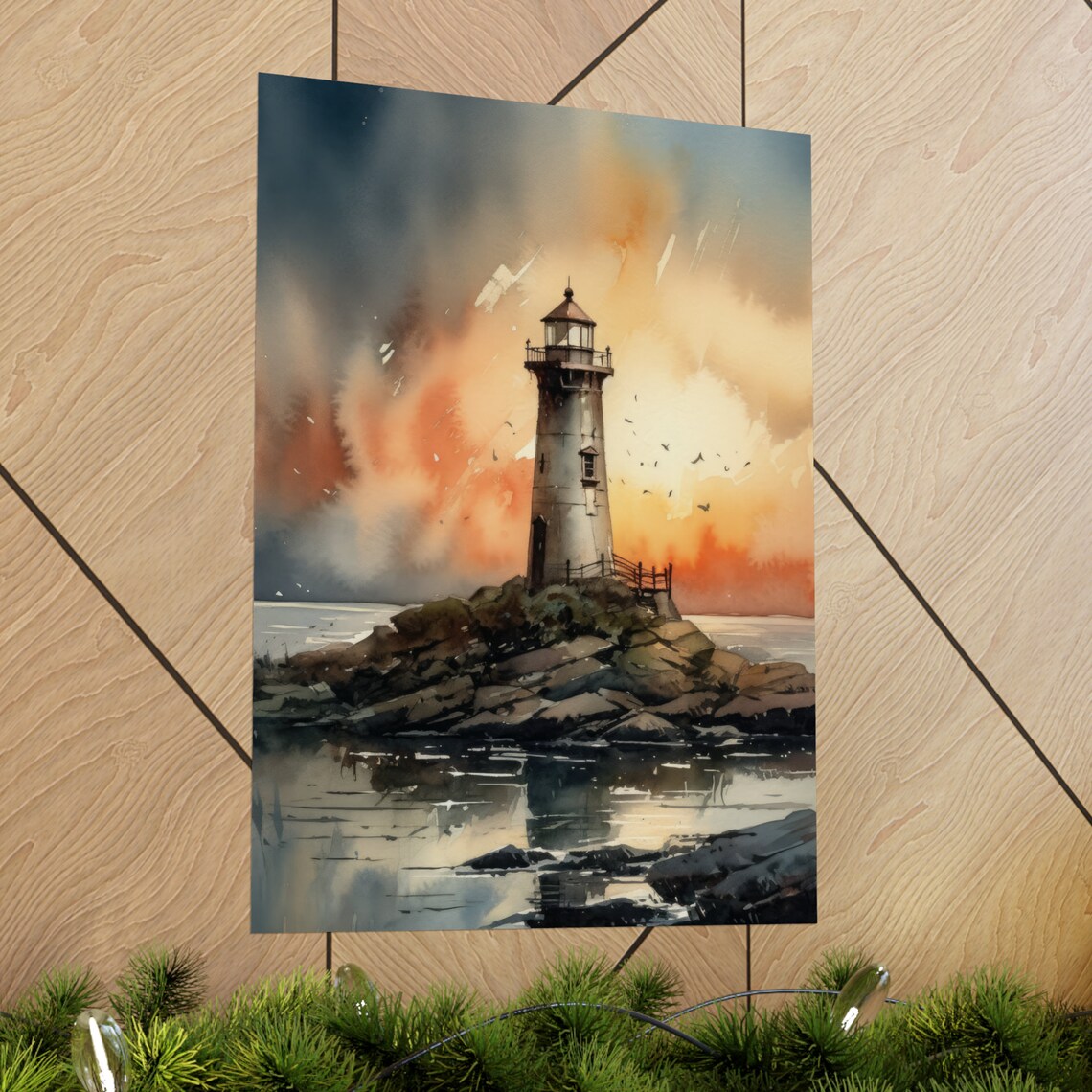 Lighthouse Rocky Islet Fiery Sunset Birds Watercolor Coastal Wall Art - Image 2