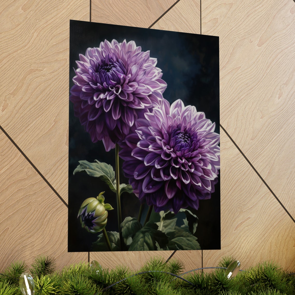 Lilac Dahlia Blooms Blush Petals Dark Floral Botanical Art Print - Image 2