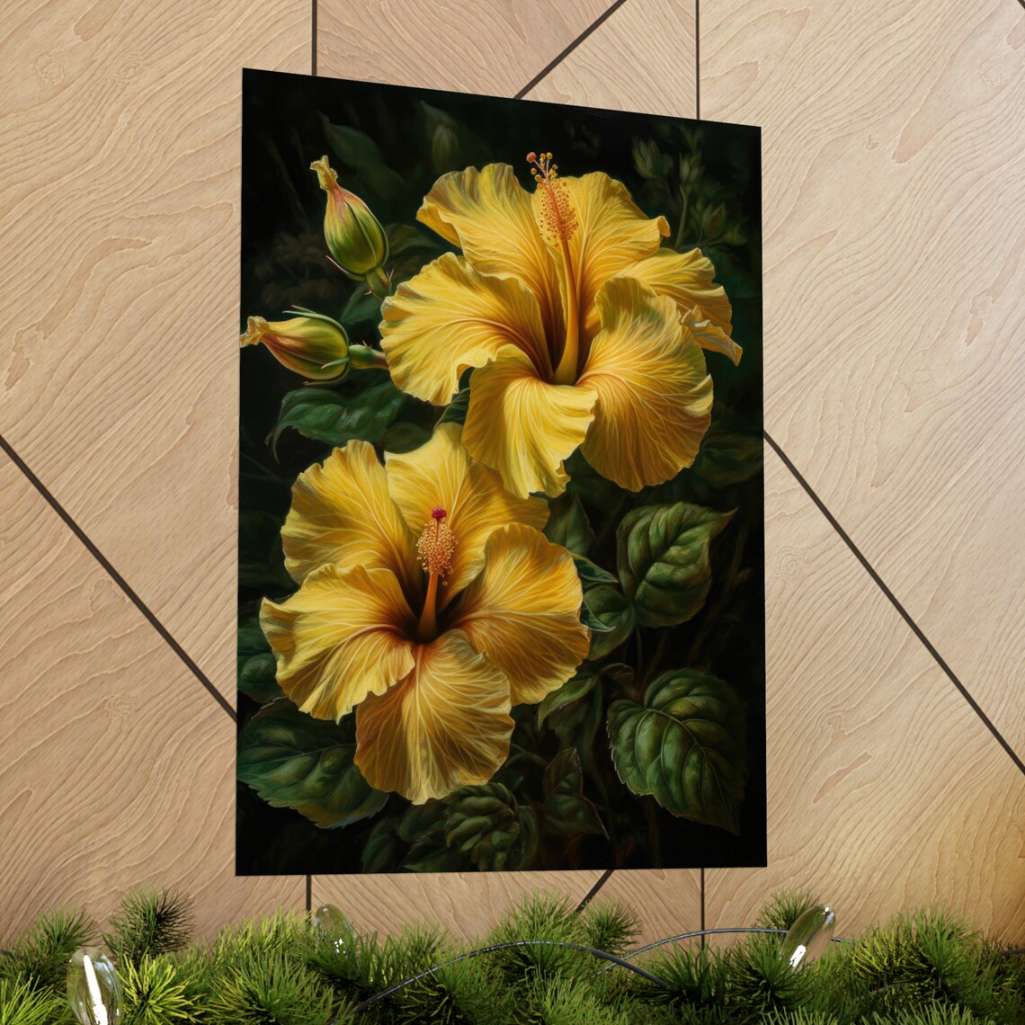 Yellow Hibiscus Blooms Dark Tropical Floral Painting Fine Art Poster - Image 2