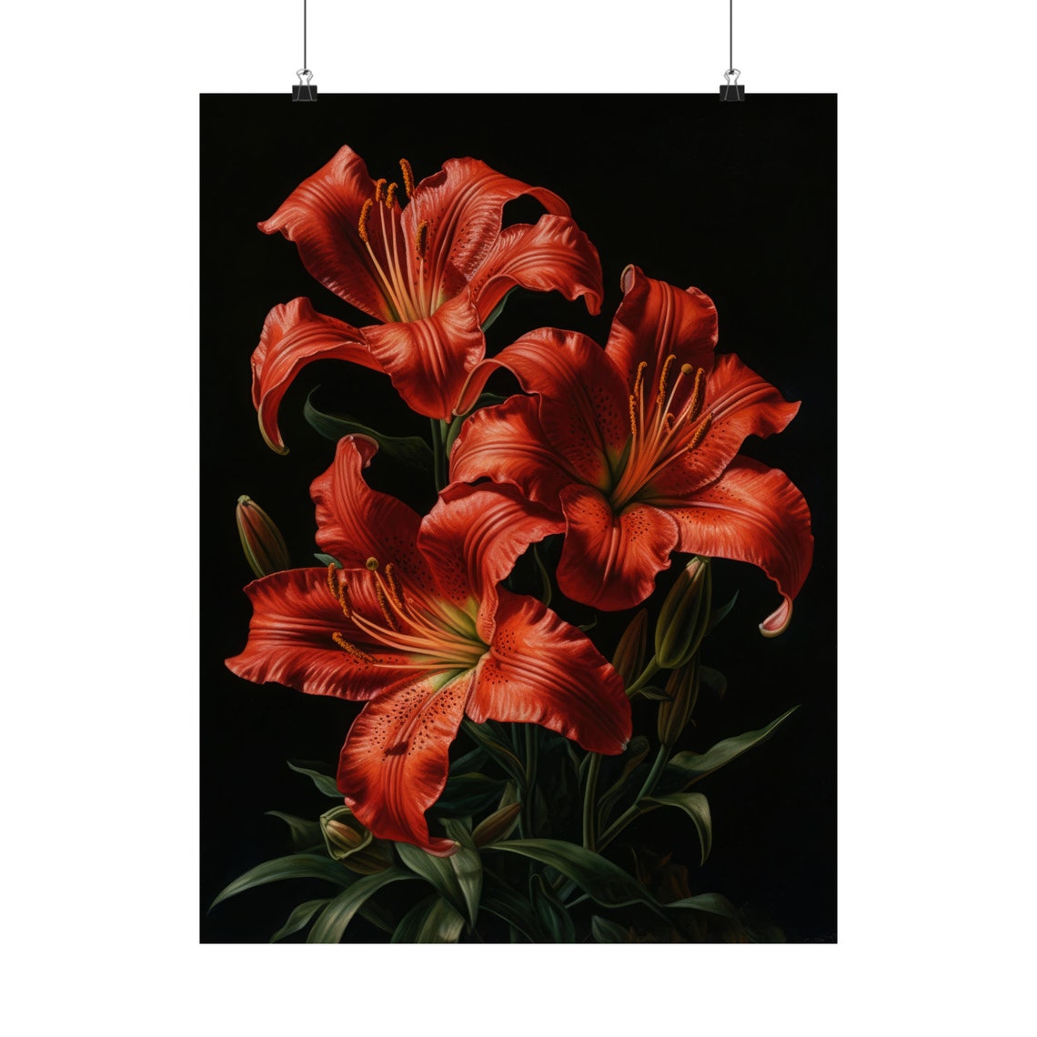 Red Lilies Dark Moody Floral Oil Painting Dramatic Botanical Wall Art - Image 5