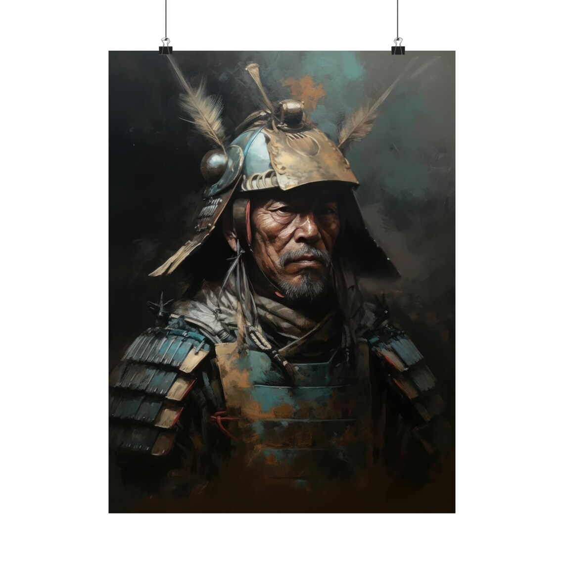 Elder Samurai General in Feathered Helmet Moody Oil Painting Art Print - Image 5