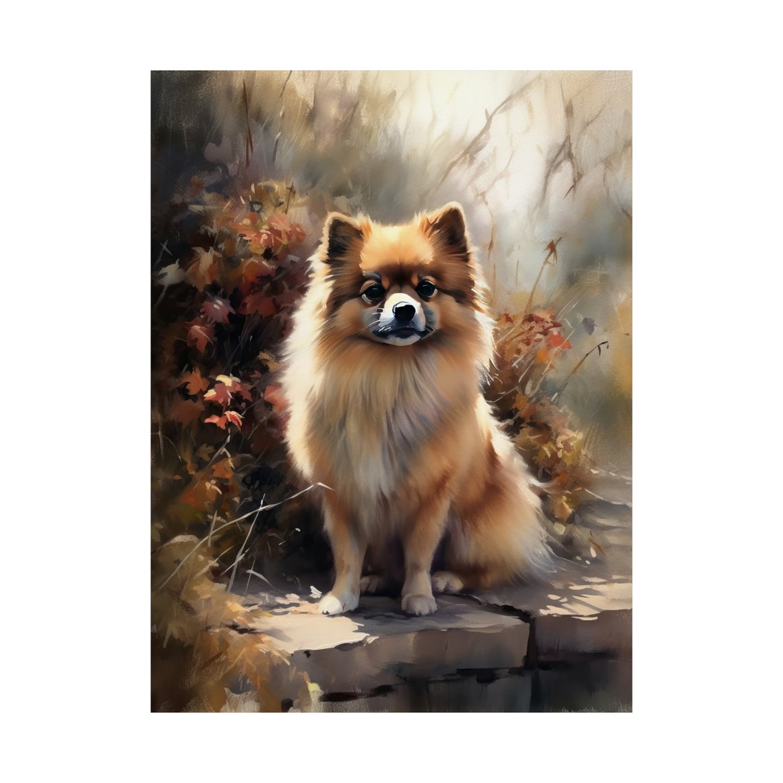 Pomeranian Sitting On Sunlit Stone Steps In Autumn Foliage Art Print - Image 4