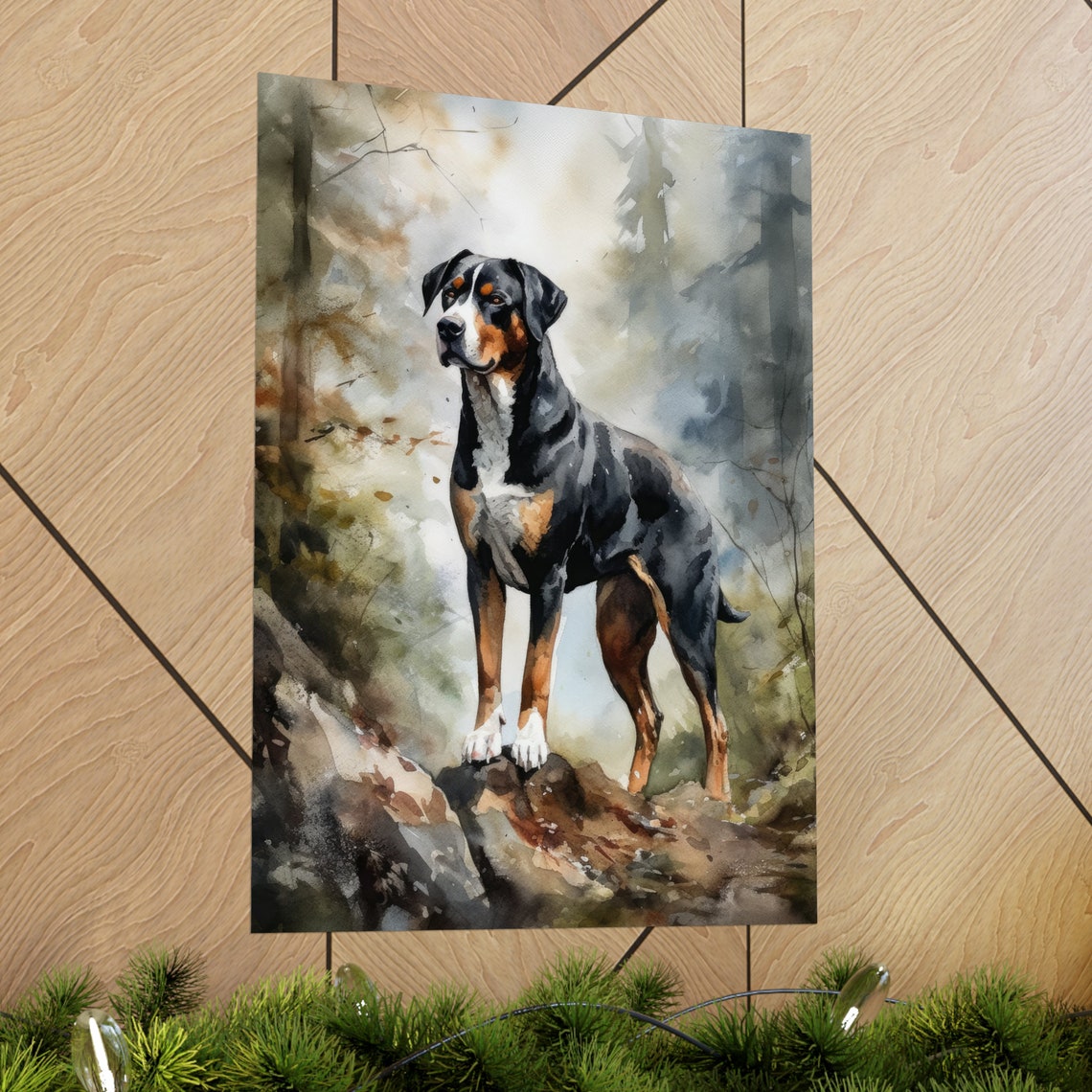 Greater Swiss Mountain Dog Standing In Misty Forest Watercolor Poster - Image 2