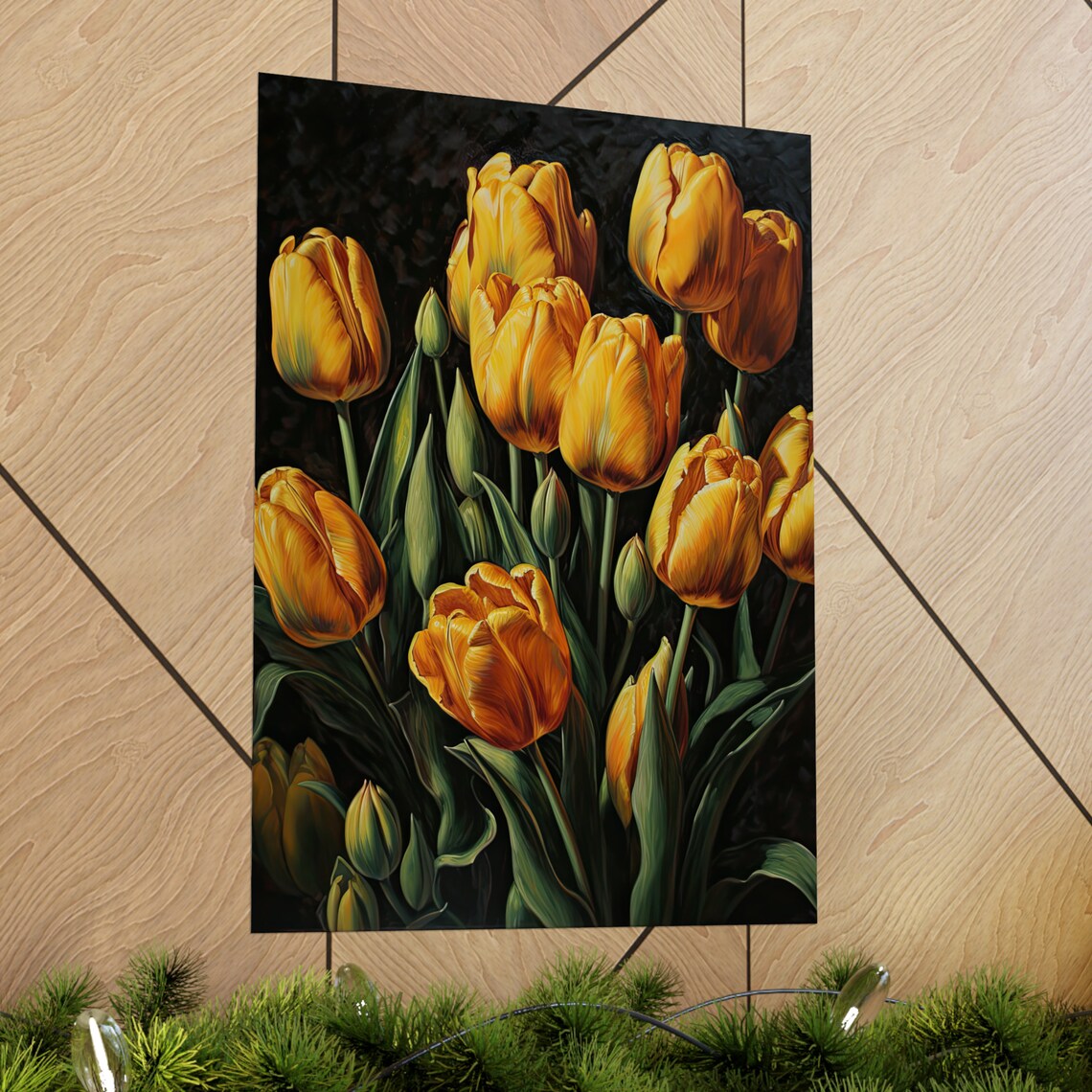Golden Yellow Tulip Blooms Dark Moody Floral Botanical Art Print - Image 2