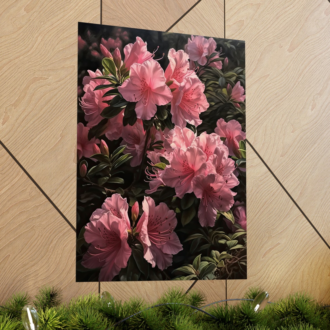 Pink Azalea Blossoms Dark Botanical Oil Painting Style Art Poster - Image 2