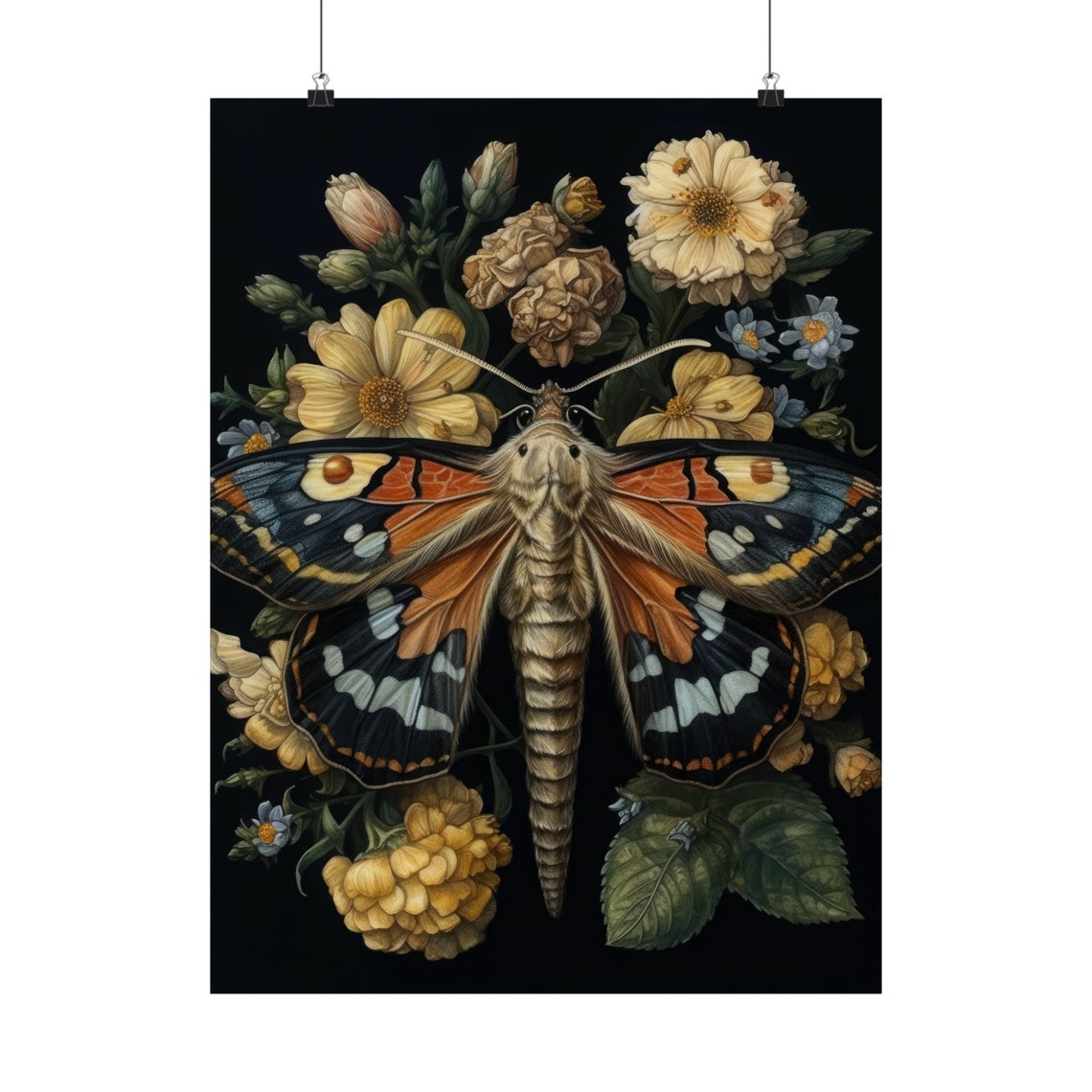 Dark Academia Colorful Moth Golden Floral Gothic Night Poster - Image 5