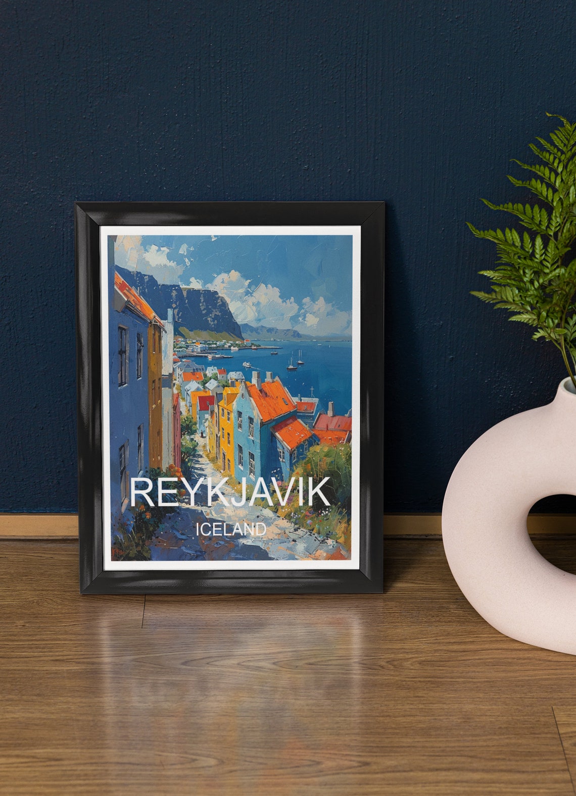 Reykjavik Iceland Colorful Old Town Harbor Street Mountain View Poster