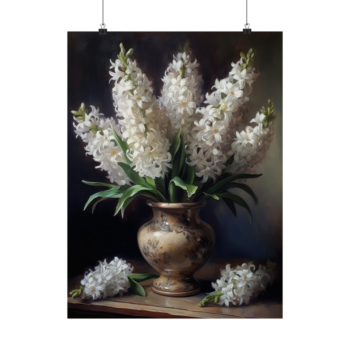 White Hyacinth Spikes Ornate Ceramic Urn Classic Floral Art Poster - Image 5