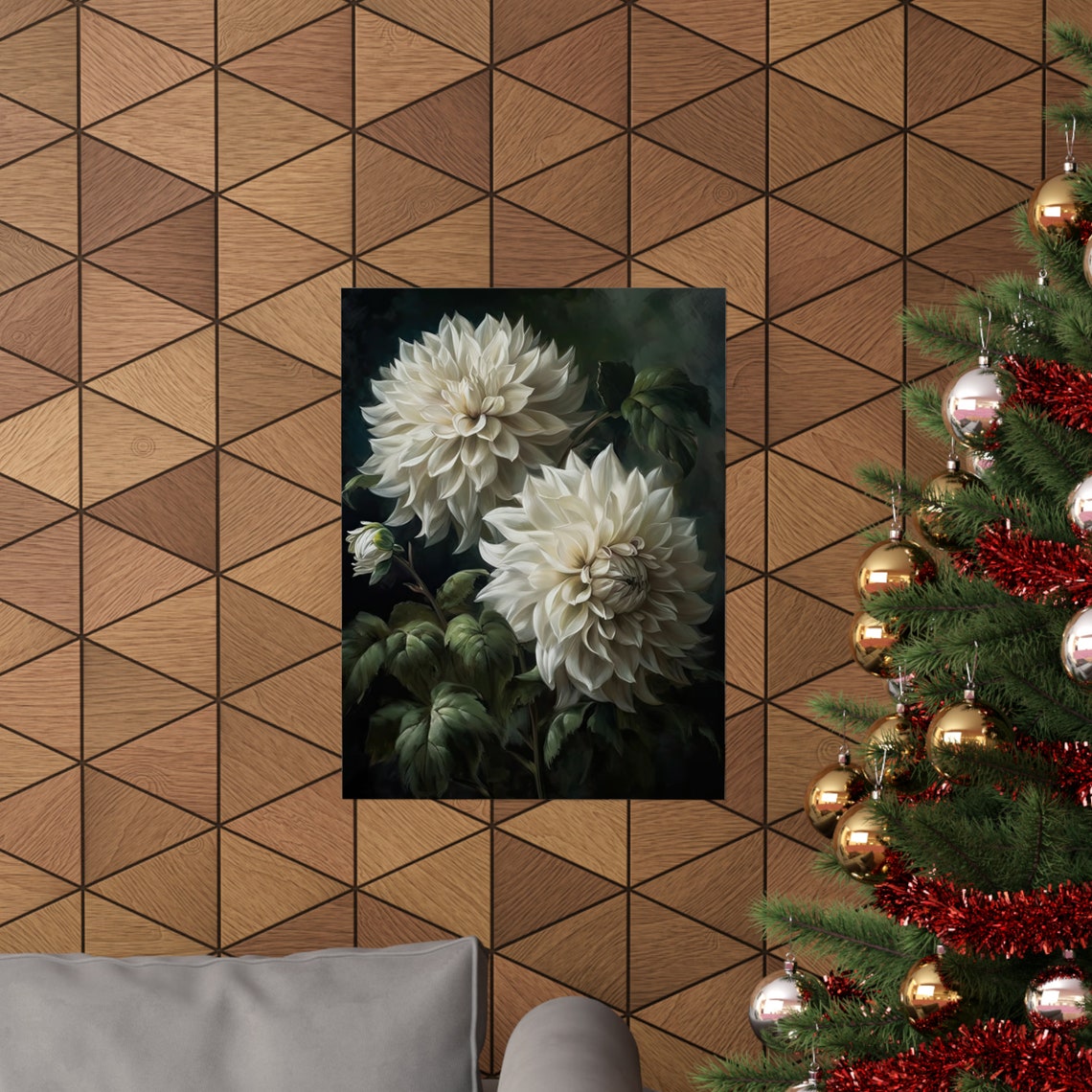 White Dahlias Dark Moody Botanical Oil Painting Floral Wall Art - Image 3