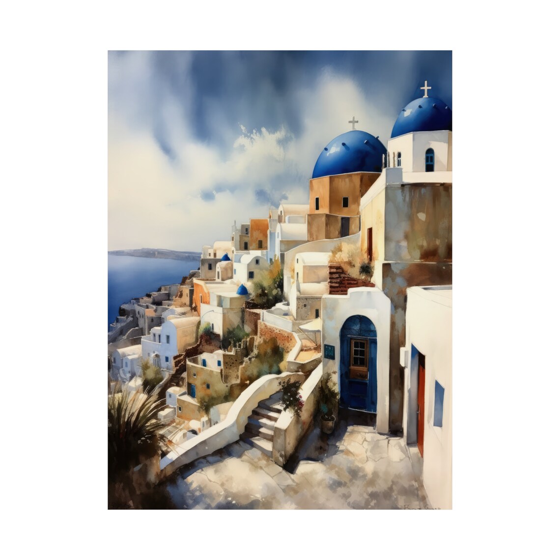 Santorini Greece Oia Blue Domes Caldera View Watercolor Travel Poster - Image 4