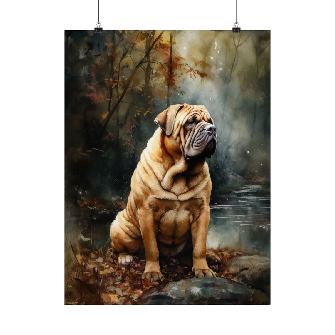 Chinese Shar Pei Sitting By Autumn Stream Wrinkled Fawn Coat Poster - Image 5