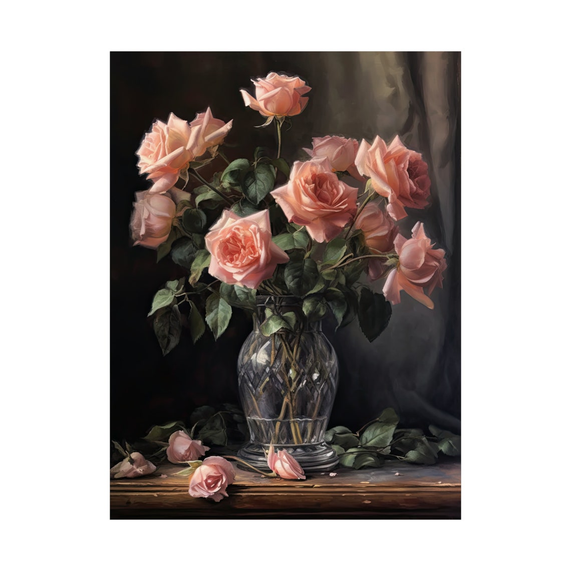 Blush Pink Roses Elegant Blooms Cut Glass Vase Still Life Art Poster - Image 4