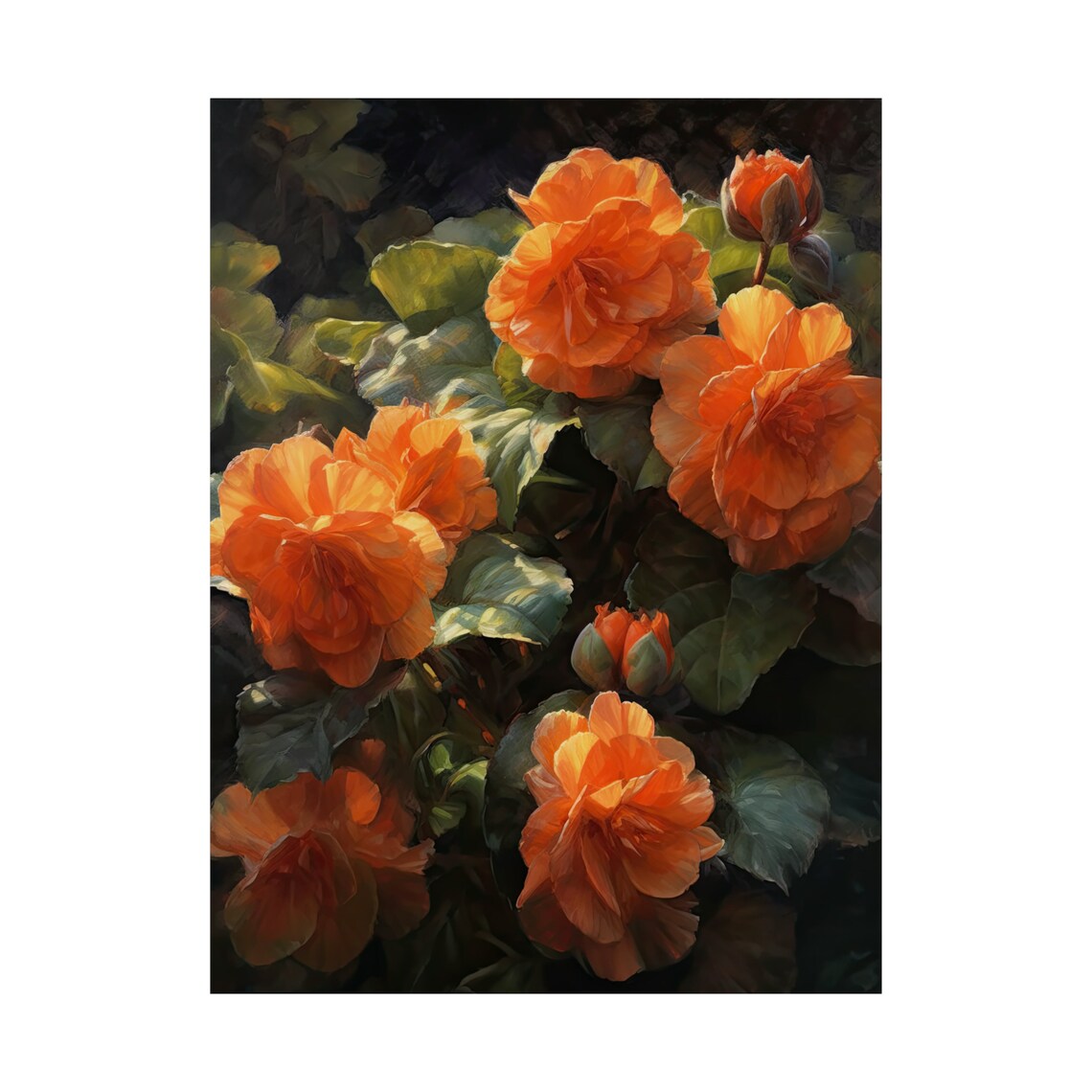 Orange Begonias Dappled Sunlight Dark Garden Blooms Floral Art Poster - Image 4