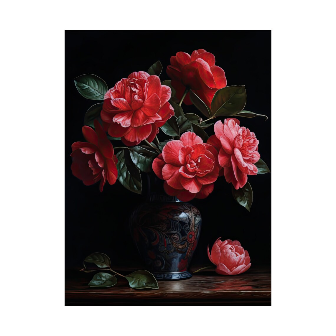 Red Camellia Blossoms Dark Still Life Floral Painting Fine Art Poster - Image 4