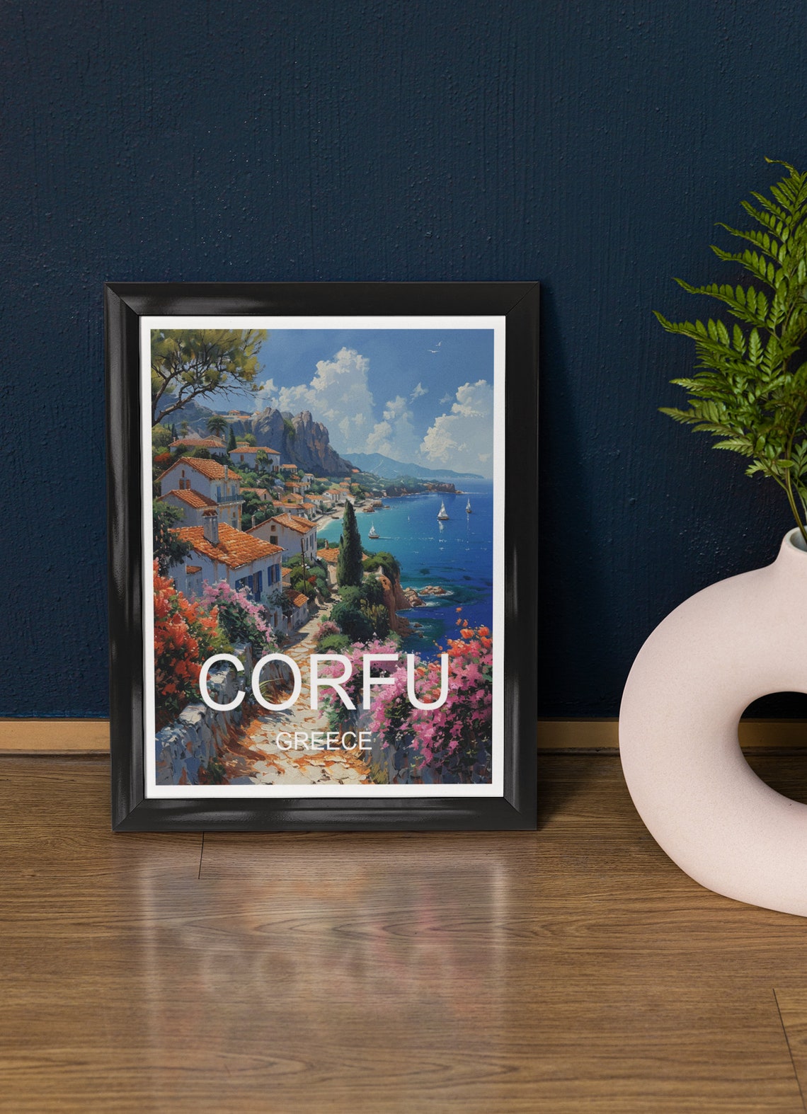 Corfu Greece Coastal Village Whitewashed Houses Travel Poster