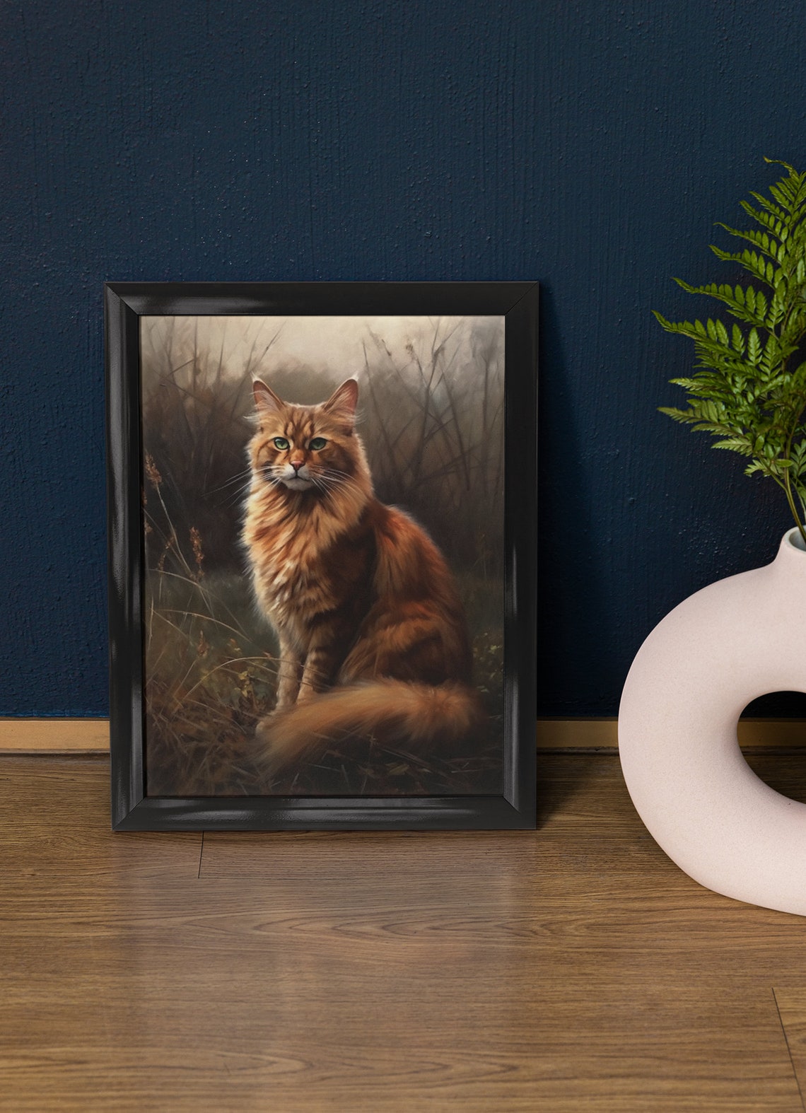 Somali Cat Sitting In Misty Meadow Long Fluffy Tail Portrait Art Print