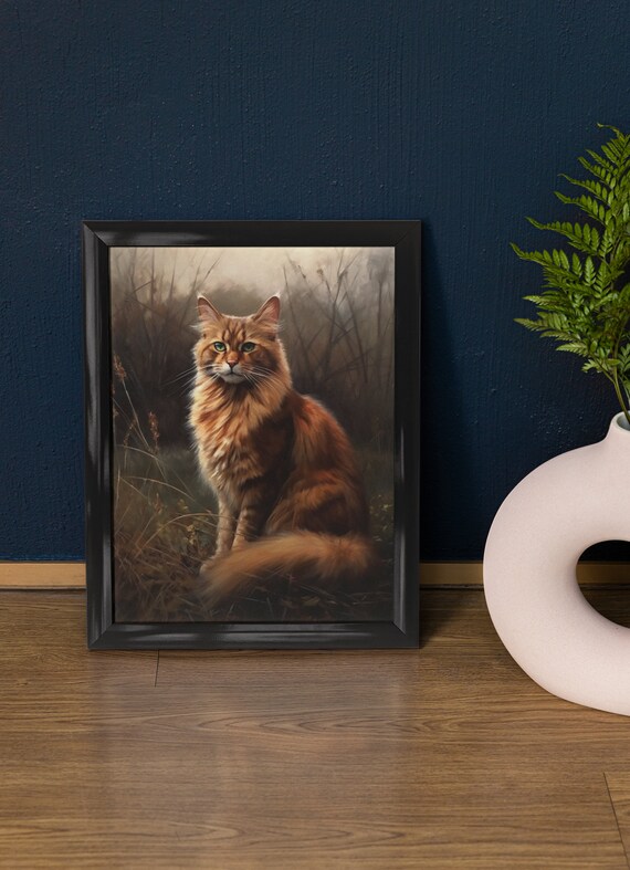 Somali Cat Sitting In Misty Meadow Long Fluffy Tail Portrait Art Print